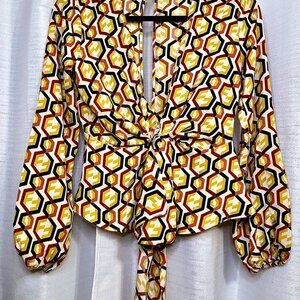 WOMENS 70s inspired geometric retro long sleve peplum blouse | SIZE XS
